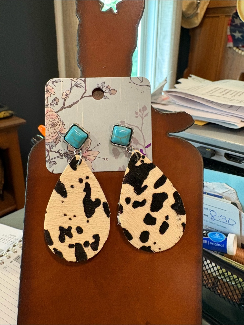 Teardrop Cowhide Dangle Earrings with Turquoise Studs